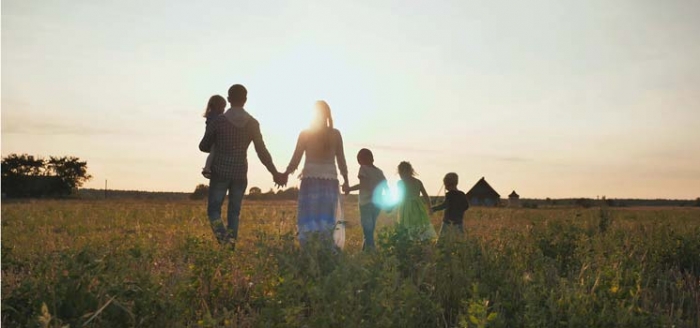Eltern mit vier Kindern gehen auf einer Wiese spazieren und genieen die Vorteile der Grofamilie